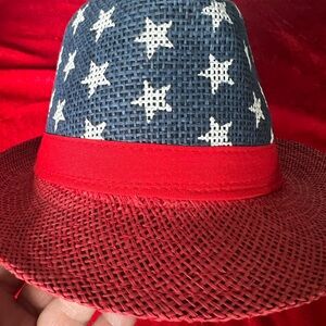 Star Print Straw Fedora with Red Band